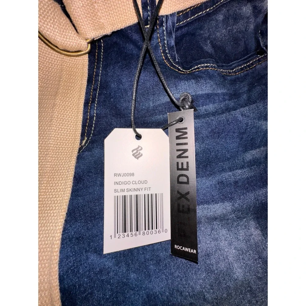Rocawear Mens Flex Denim Slim Skinny Jeans Indigo Cloud W34 L30 With Belt RWJ009